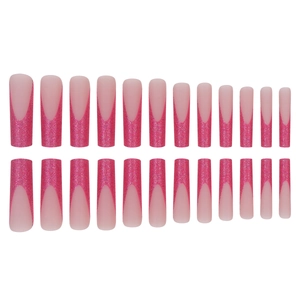 Long french glitter coffin press-on nails set with pink base and rose red sparkles