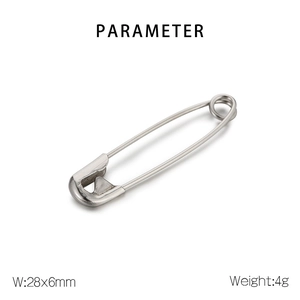 Detail showing 28x6mm polished silver safety pin dimensions and 4g weight parameter