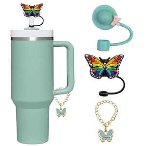 Butterfly silicone straw covers and gold charm chain set for Stanley cups accessories