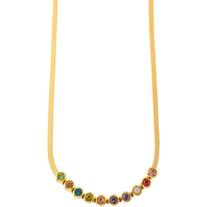 Close-up of gold snake chain necklace with multi-color zircon stones on white background