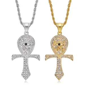 Iced Out Eye Of Horus Ankh Cross Pendant Necklace Titanium Steel With Rhinestones Gold Plated Hip Hop Jewelry