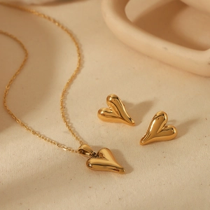 Heart Pendant Necklace And Earrings High Polished 18K Gold Plated Stainless Steel Mirror Finish Minimalist For Women