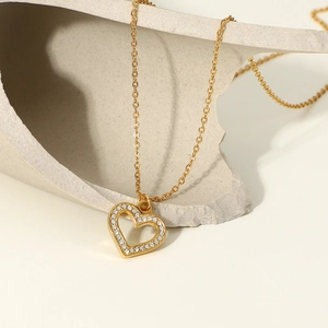 18K gold plated stainless steel heart pendant necklace with clear cubic zirconia stones
