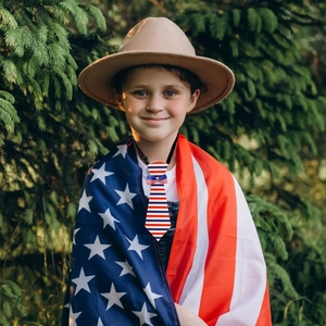 Kids Independence Day tie and bowtie set with American flag red white blue stars