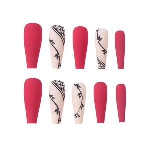 24pcs long coffin press on nails featuring red matte finish and floral glitter accents