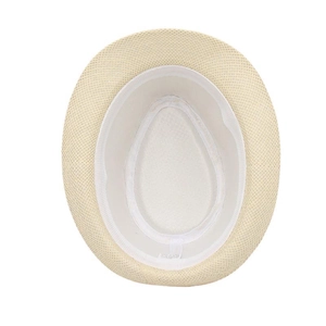 Macro view of beige straw hat interior featuring white sweatband and woven texture