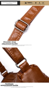 Detail of dark brown leather strap with silver adjustable metal buckle and pebble texture