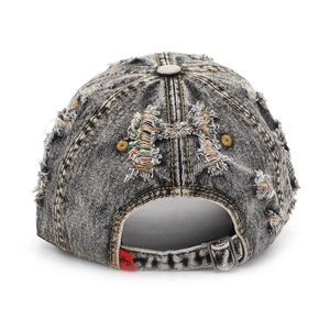Detailed back view of vintage washed denim baseball cap with H embroidery and adjustable strap