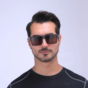 Polarized square sunglasses in matte black with wood grain finish and brown lenses