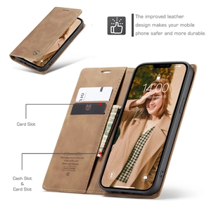 Brown leather flip wallet case with card slots and cash pocket for iPhone and Samsung