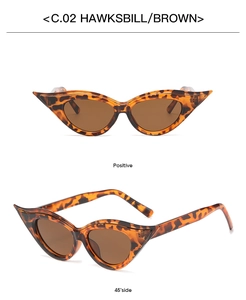 Front and 45-degree side views of vintage hawksbill cat-eye sunglasses with brown lenses