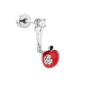 Silver apple stud earring with red enamel, clear gemstone, and Snow White relief detail