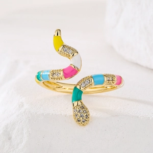 18K gold plated snake open ring with multi-color enamel and cubic zirconia accents