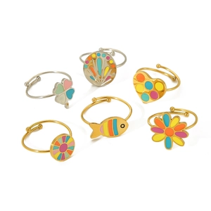 Bohemian adjustable stainless steel rings with colorful enamel heart and clover charms