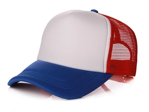 Detail view of a classic red, white, and blue trucker hat with a mesh back and foam front