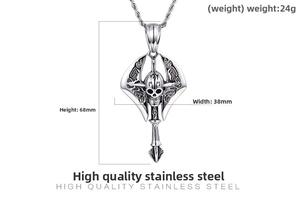 Detail view of gothic skull axe pendant showing 68mm height and 38mm width dimensions