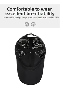 Detail of breathable perforated mesh and adjustable plastic buckle on black baseball cap