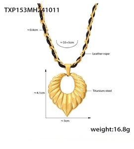 Detailed view of titanium steel fan-shaped necklace pendant with measurements and woven cord
