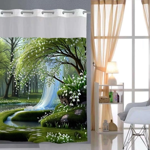 Detail of forest waterfall digital print shower curtain with silver metal rings