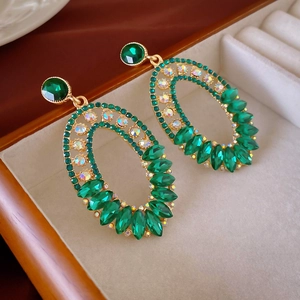 Boucles D'oreilles Pendantes Ovales Vintage Alliage Strass Vert Émeraude Avec Tige En Argent Bijoux De Luxe Rétro Femme