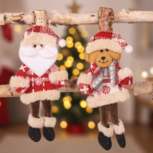 Christmas plush dolls set with Santa and bear on natural branch, festive holiday decor