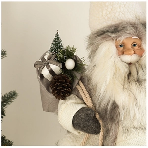 Detail of Santa figurine showing knitted fabric texture, faux fur, and mini pine cones