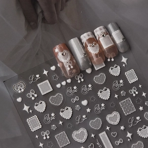 Lace heart and butterfly nail stickers with rhinestones for elegant white manicure art