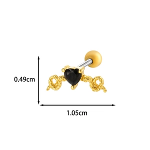 Macro detail of heart-shaped ear stud with black zircon and dimensions 1.05cm x 0.49cm
