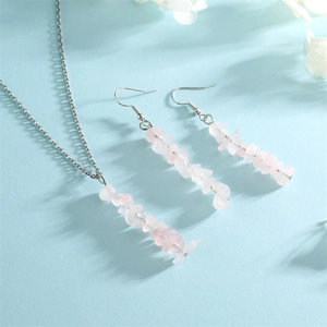 Pink natural crystal stone necklace and earrings set with silver chain jewelry