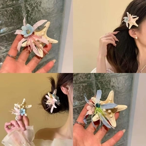 Starfish and flower hair claw clip in beige with pink blue accents for women's hair