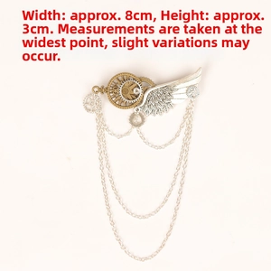 Steampunk gear and silver wing brooch with layered metal chains, width 8cm height 3cm