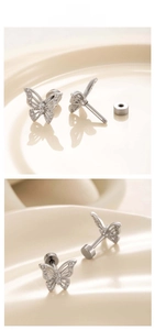 Detail of silver butterfly stud earring with cubic zirconia and secure screw back