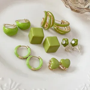 Green Enamel Geometric Heart Earrings With 925 Sterling Silver Earring Post C-Shaped Floral Elegant Jewelry For Women