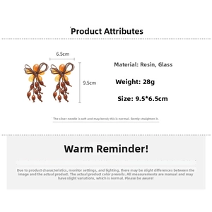 Detailed size chart for resin bow tassel earrings with dimensions and material info