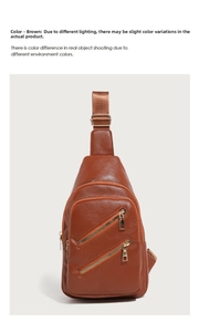 Detailed close-up of caramel brown pebble leather texture and gold zippers on chest bag