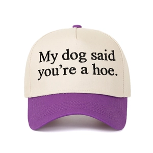 Vue avant d'une casquette bicolore avec visière violette et texte My Dog Said You're a Hoe