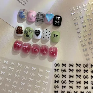 Bow tie nail art stickers set with 3D teddy bears and macaron colored press-on nails
