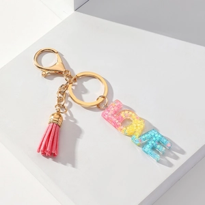 LOVE gradient resin keychain with pink tassel and colorful star sequins for handbags