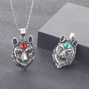 Vintage Nordic Fenrir wolf head pendant with opal eyes on silver link chain necklace