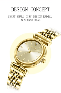 Macro detail of gold watch with radial sunburst dial and rhinestone marker