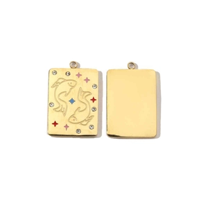 Detail view of gold 14K plated rectangular Pisces pendant with colorful crystal accents