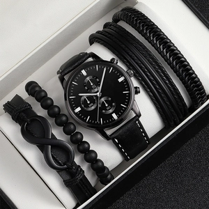 Men's gift set featuring a black chronograph watch and four leather bracelets in a box