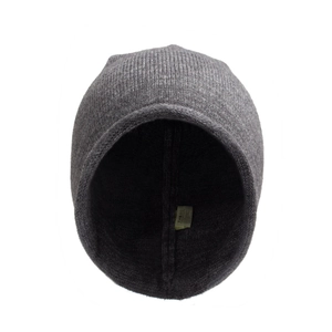 Dark grey rabbit fur blend knit beanie with warm ribbed texture and interior care label