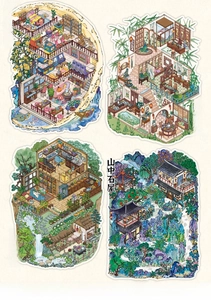 Detailed isometric miniature stickers featuring diverse architectural landscape designs