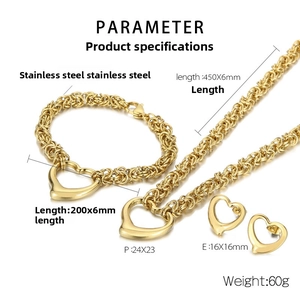 Detail of golden stainless steel heart jewelry set with braided chains and dimensions