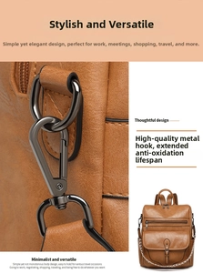 Detail of high-quality anti-oxidation metal hook on brown leather travel backpack