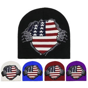 Detailed grid of USA flag pattern knit beanies in black, white, blue, burgundy, and purple