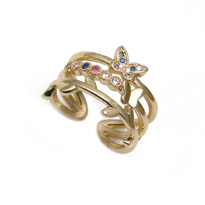 Bague dorée multicouche papillon avec zircons colorés et motif de feuilles vertes