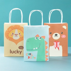 Cartoon Animal Gift Bags With Handles White Kraft Paper Packaging For Party Favors Cute Lion Dinosaur Bear Pattern