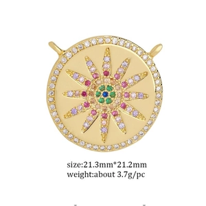 Macro view of gold copper pendant with colorful zircon stones and 21.3mm size specs